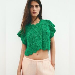 ZARA Women’s Green Crochet Cable Knit Boho Vest Shirt Size S